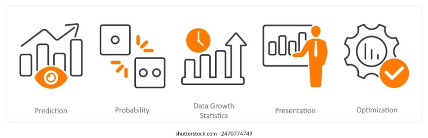 Un conjunto de 5 iconos de estadísticas como predicción, probabilidad, estadísticas de crecimiento de datos
