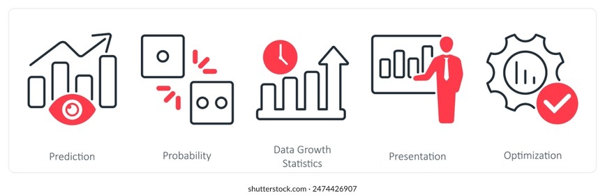 Un conjunto de 5 iconos de estadísticas como predicción, probabilidad, estadísticas de crecimiento de datos