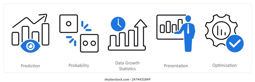 Un conjunto de 5 iconos de estadísticas como predicción, probabilidad, estadísticas de crecimiento de datos