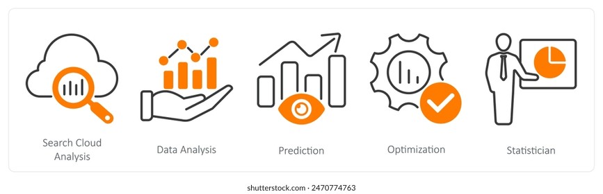 Un conjunto de 5 iconos de estadísticas como análisis de la nube de búsqueda, análisis de datos, predicción