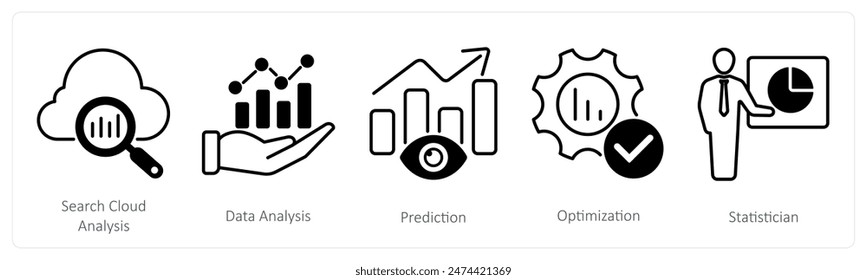 Un conjunto de 5 iconos de estadísticas como análisis de la nube de búsqueda, análisis de datos, predicción