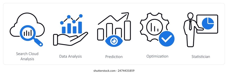 Un conjunto de 5 iconos de estadísticas como análisis de la nube de búsqueda, análisis de datos, predicción