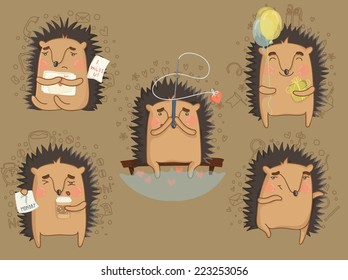 Set of 5 stickers with cute hedgehog. One of four. Hedgehog expresses different emotions