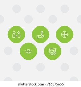 Set Of 5 Strategy Outline Icons Set.Collection Of Grid Structure, Money Saving, Eye And Other Elements.