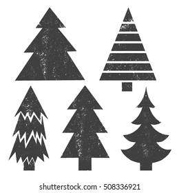 Set of 5 stylish abstract black graphic textured isolated christmas trees in grunge style. Vector icon. Perfect to create holiday cards, backgrounds and decorations. design element 