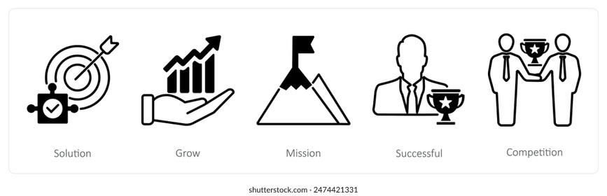 Un conjunto de 5 iconos de éxito como solución, crecimiento, misión