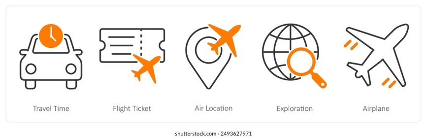 A set of 5 Summer and Travel icons as travel time, flight ticket, air location
