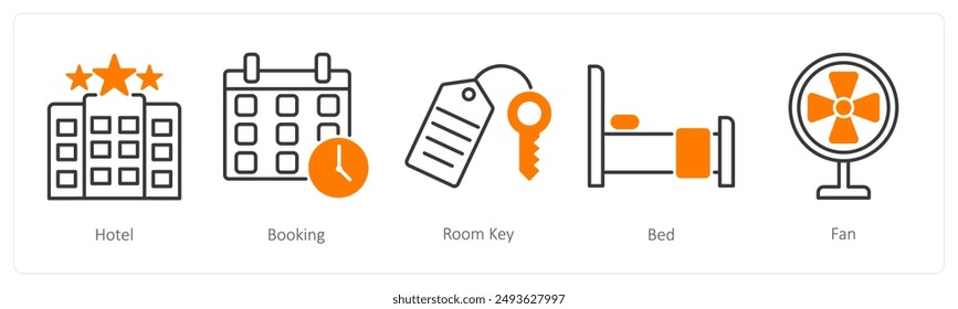 Un conjunto de 5 iconos de verano y viajes como hotel, reserva, llave de la habitación