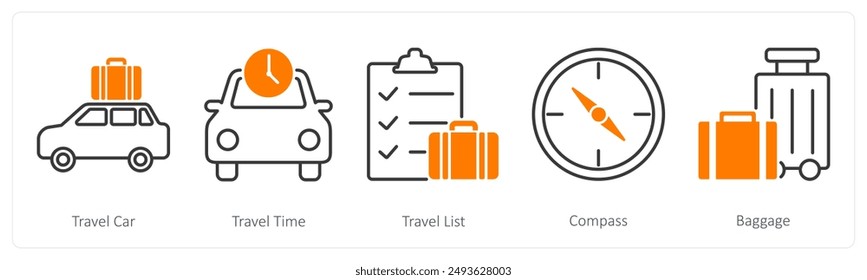 A set of 5 Summer and Travel icons as travel car, travel time, travel list