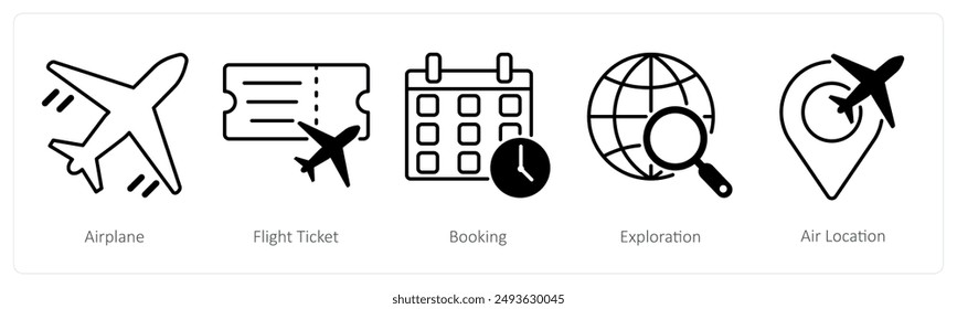 A set of 5 Summer and Travel icons as airplane, flight ticket, booking