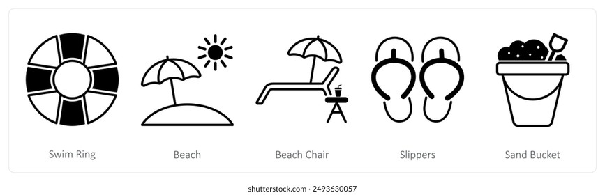 A set of 5 Summer and Travel icons as swim ring, beach, beach chair