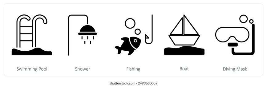 A set of 5 Summer and Travel icons as swimming pool, shower, fishing