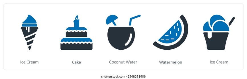 A set of 5 summer and travel icons as ice cream, cake, coconut water