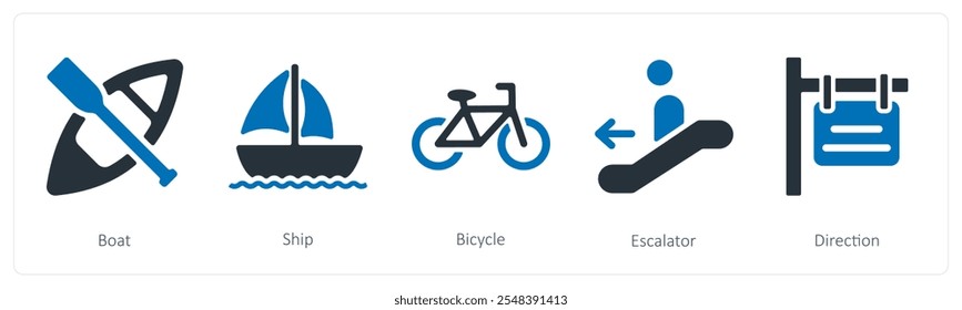 A set of 5 summer and travel icons as boat, ship, bicycle