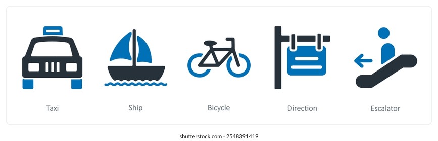 A set of 5 summer and travel icons as taxi, ship, bicycle