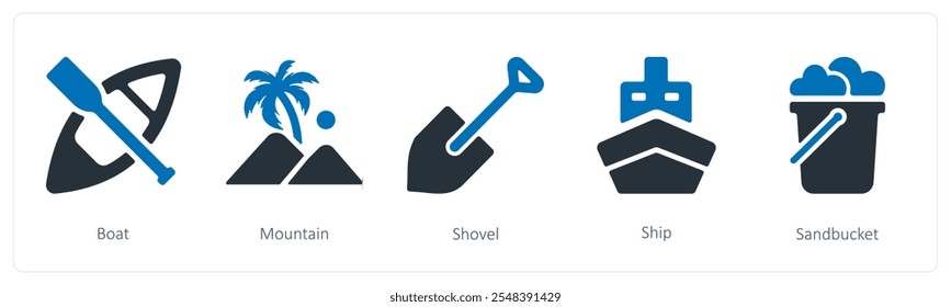 A set of 5 summer and travel icons as boat, mountain, shovel