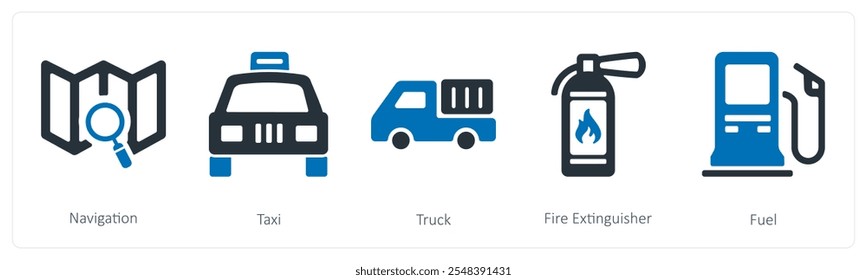 Um conjunto de 5 ícones de verão e viagem como navegação, táxi, extintor de incêndio