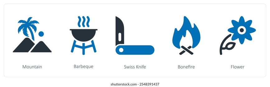 Un conjunto de 5 iconos de verano y viajes como montaña, barbacoa, cuchillo suizo