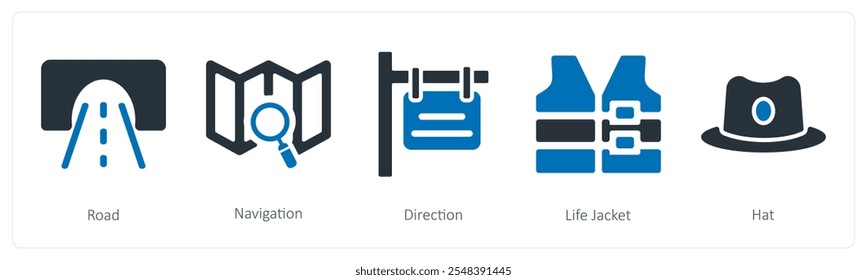 A set of 5 summer and travel icons as road, navigation, direction