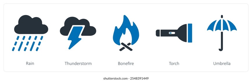 Um conjunto de 5 ícones de verão e viagem como chuva, trovoada, fogueira