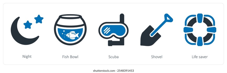 A set of 5 summer and travel icons as night, fish bowl, scuba