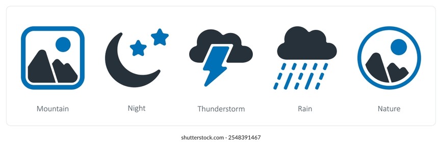 Um conjunto de 5 ícones de verão e viagem como montanha, noite, trovoada