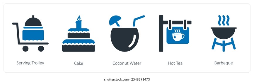 A set of 5 summer and travel icons as serving trolley, cake, coconut water