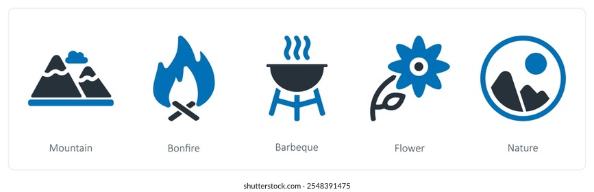 Um conjunto de 5 ícones de verão e viagem como montanha, fogueira, churrasco