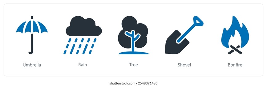 A set of 5 summer and travel icons as umbrella, rain, tree