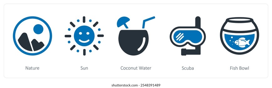 A set of 5 summer and travel icons as nature, sun, coconut water