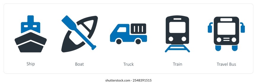 A set of 5 summer and travel icons as ship, boat, truck