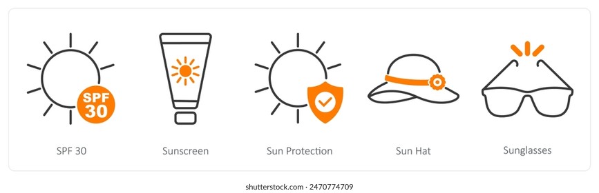 A set of 5 Sun Protection icons as spf 30, sunscreen, sun protection