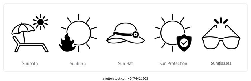 A set of 5 Sun Protection icons as sunbath, sunburn, sun hat
