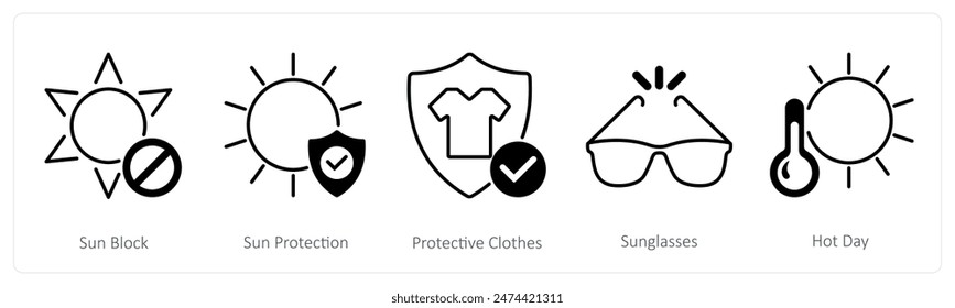 A set of 5 Sun Protection icons as sun block, sun protection, protective clothes