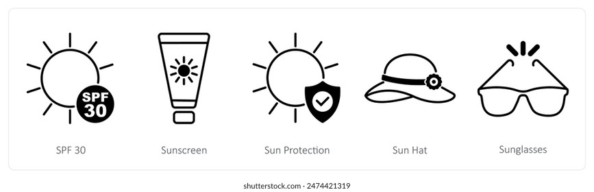 Ein Satz von 5 Sonnenschutz-Icons als LSF 30, Sonnenschutz, Sonnenschutz