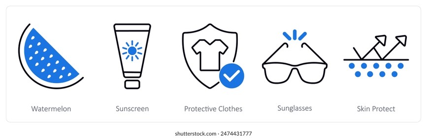 A set of 5 Sun Protection icons as watermelon, sunscreen, protective clothes