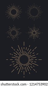 Set of 5 sunbursts, light rays. Vintage Design elements for banner, poster, logo, emblem. Explosion effect. Starbursts isolated on black background. Vector illustration