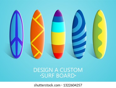 Set of 5 surfboards on a blue background. Bright multi-colored individual design.  3D vector. High detailed realistic illustration.
