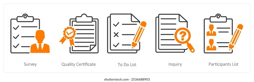 A set of 5 Survey and Rating icons as survey, quality certificate, to do list