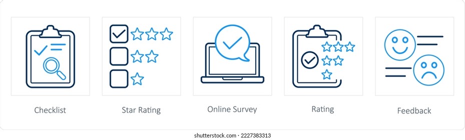 A set of 5 survey and ratings icons such as checklist, star rating