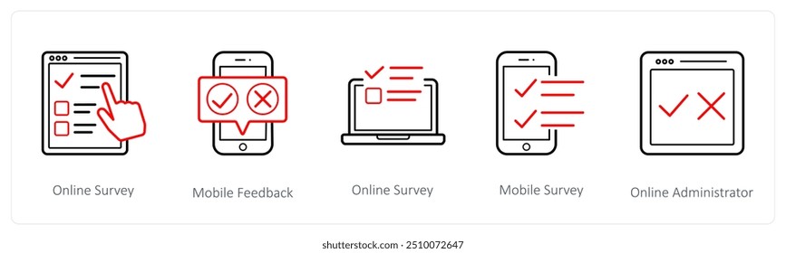 Um conjunto de 5 ícones de pesquisa e classificações, como pesquisa on-line, feedback por celular