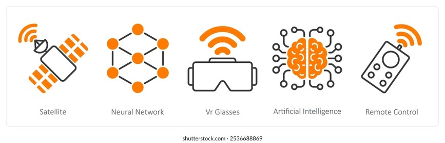 A set of 5 Technology icons as satellite, neural network, vr glasses
