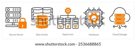 A set of 5 Technology icons as secure server, data center, hypervisor