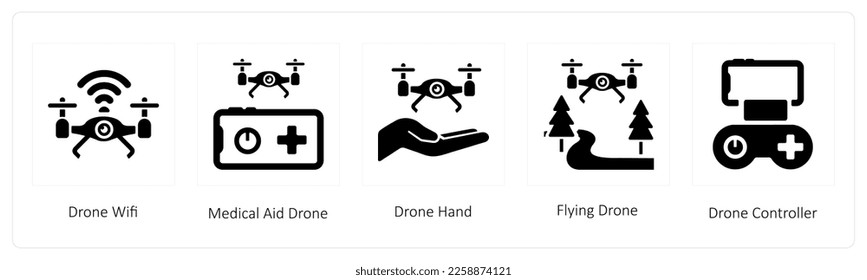 A set of 5 Technology icons such as Drone Box, drone and Drone Controller