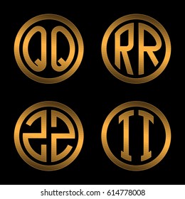Set 5 of templates from two capital Golden letters on a black background Q, R, S, T inscribed in a oval. To create logos, emblems, monograms.