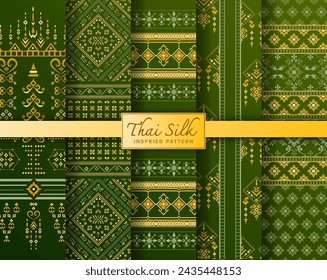 Set of 5 Thai pattern background inspired from handcrafted North Eastern Thai (Isaan) silk pattern. Colored in Gold and Green