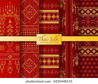 Set of 5 Thai pattern background inspired from handcrafted North Eastern Thai (Isaan) silk pattern. Colored in Gold and Red.