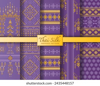 Set of 5 Thai pattern background inspired from handcrafted North Eastern Thai (Isaan) silk pattern. Colored in Gold and Violet.