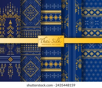 Set of 5 Thai pattern background inspired from handcrafted North Eastern Thai (Isaan) silk pattern. Colored in Gold and Navy Blue.