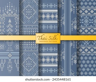 Set of 5 Thai pattern background inspired from handcrafted North Eastern Thai (Isaan) silk pattern. Colored in Bluish Grey.